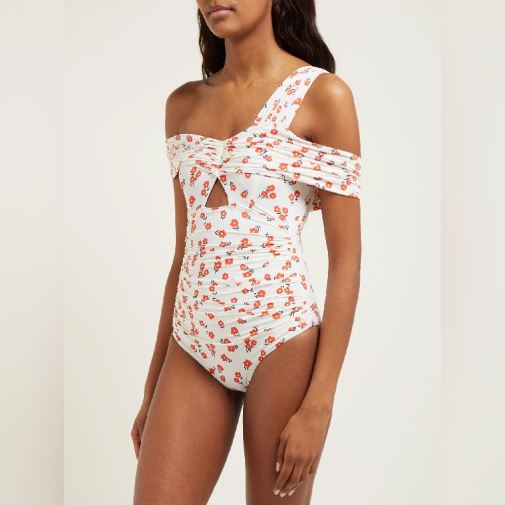New Self-Portrait Draped Floral Print One Piece Swimsuit Cream - 00